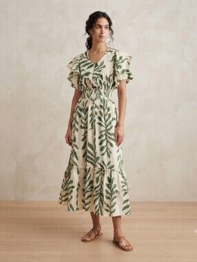 Claris NWT Green/White Leaf Print Smocked Tiered Short Sleeve Midi/Maxi Dress